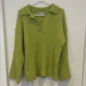 Zara Olive V-Neck Ribbed Sweater